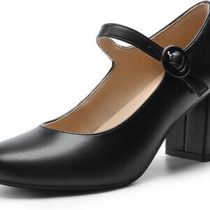 Women’s Faux Leather Mary Jane Shoes Chunky Heel 2.76 Inch for Office Style